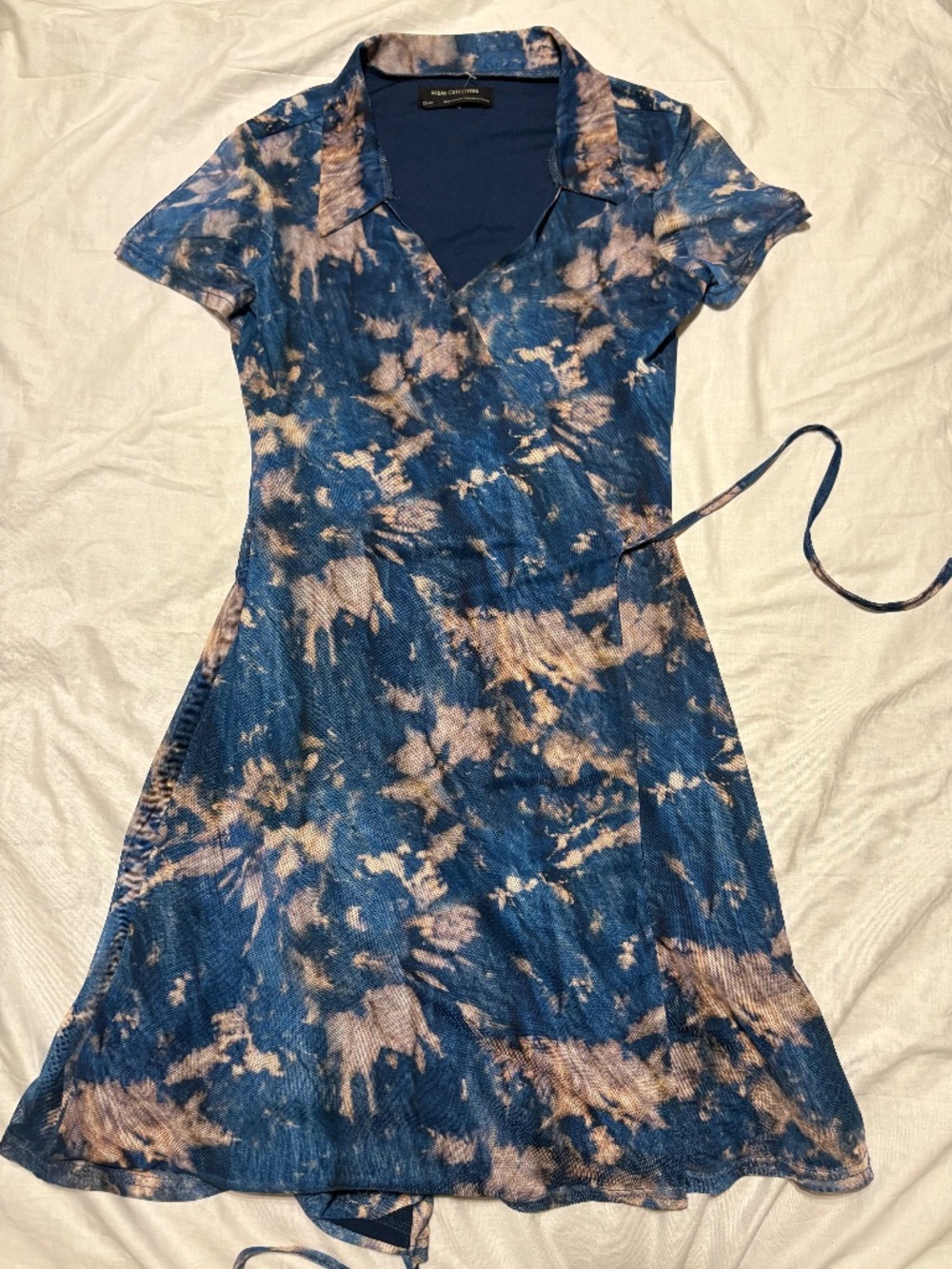 Urban Outfitters Y2K Blue Tie Dye Mesh Wrap Dress Collared Mini XS